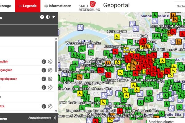 Screenshot: Barrierefreie Orte und Behindertenparkplätze werden im Geoportal angezeigt.