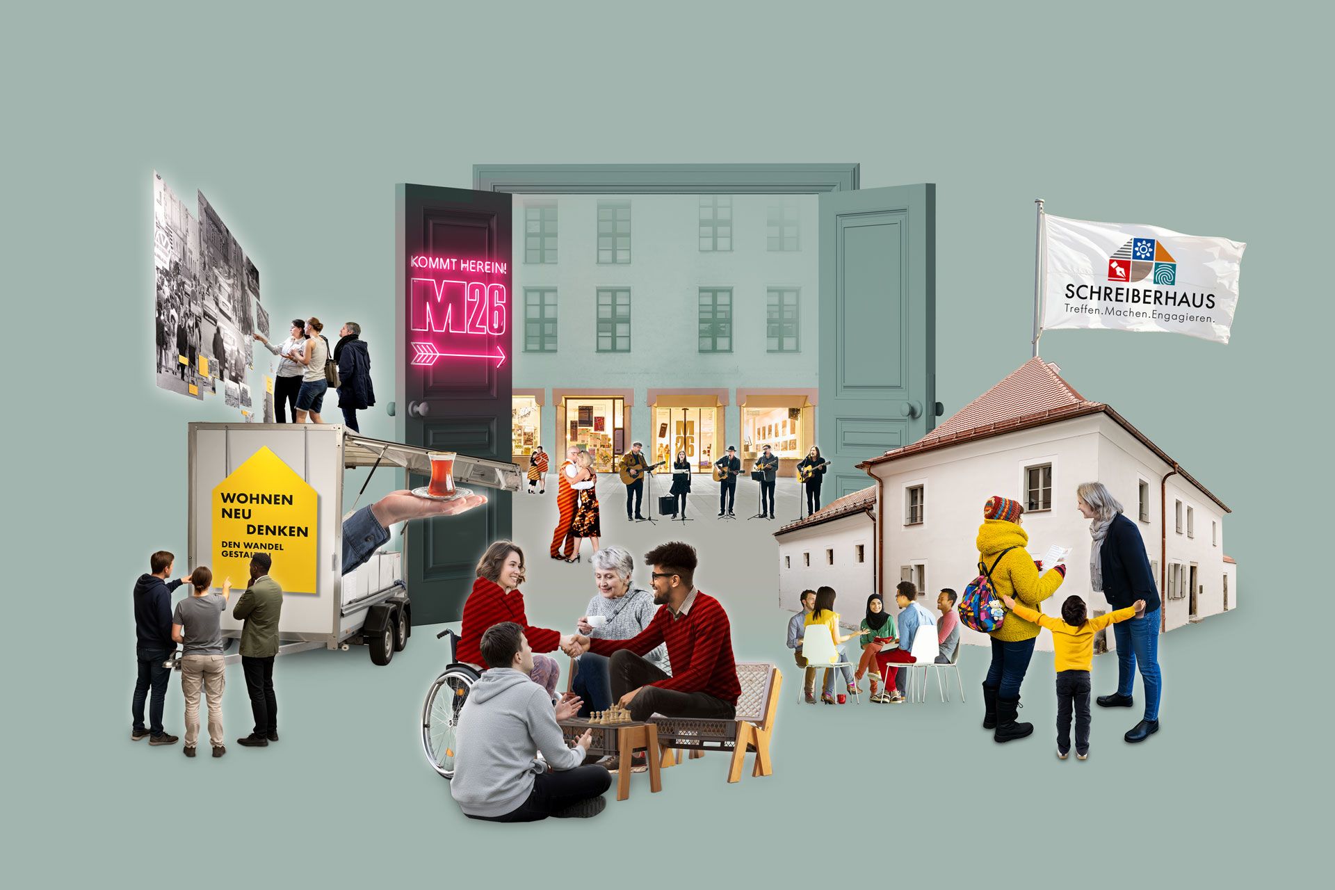 Menschen begegnen und engagieren sich im Schreiberhaus und M26