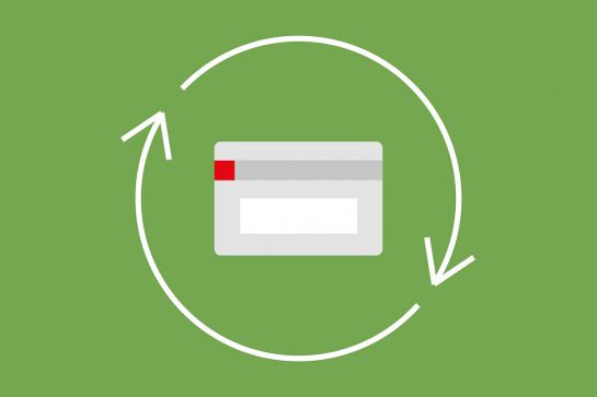 Grafik eines Büchereiausweises mit halbrunden Pfeilen auf grünem Untergrund