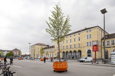 Fotografie: Blick auf den Bahnhofsvorplatz mit mobilem Grün