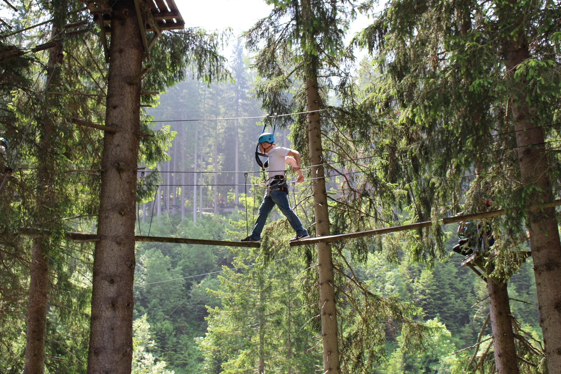 Junger Mann auf einer Brücke, die zwischen zwei Bäumen gespannt ist in einem Hochseilpark