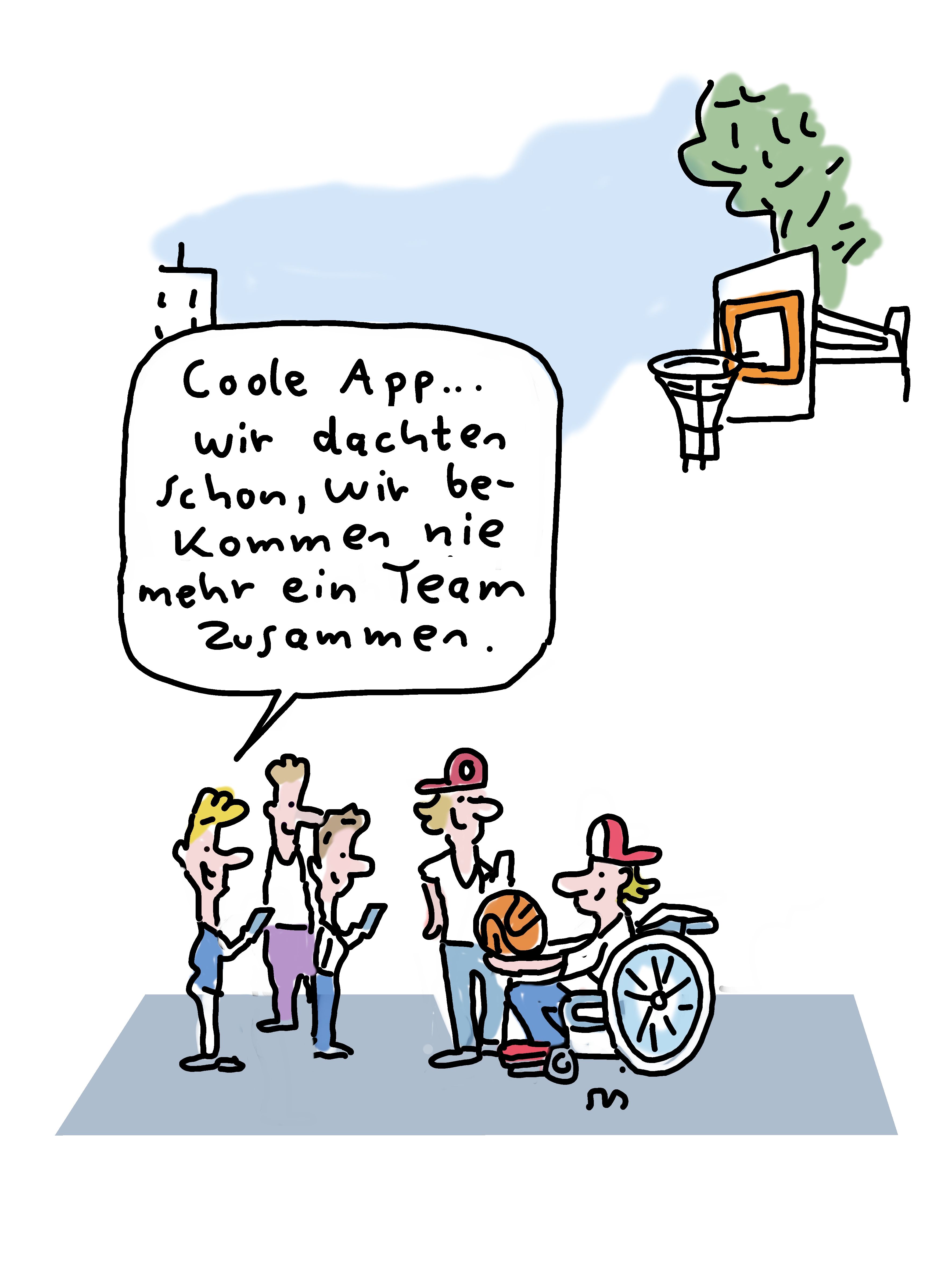 Vier Jungs stehen mit Handys auf einem Basketballplatz. Sie haben per App einen fünften Spieler gesucht. Dieser ist gekommen und sitzt im Rollstuhl.