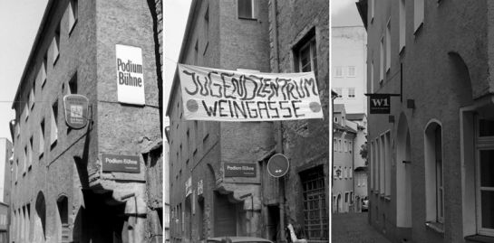 Eine Kollage aus drei nebeneinander angeordneten Schwarzweißfotos, die das Gebäude in der Weingasse 1 zeigen. Auf dem ersten Bild sind Schilder erkennbar, die das Gebäude als Gaststätte "Alte Heimat" sowie "Podium Bühne" kennzeichnen, auf dem zweiten Bild hängt vor dem Haus ein Banner mit Aufschrift "Jugendzentrum Weingasse" und auf dem dritten Bild sieht man das W1 mit Schild in seiner heutigen Form.