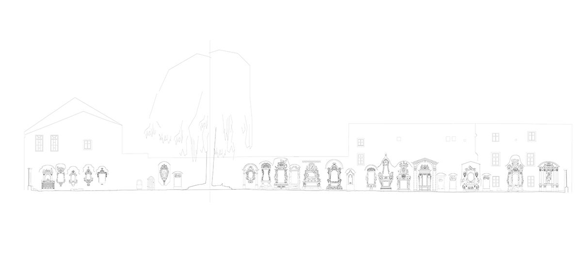 Skizze - Abgebildet ist die Ansicht der Fassade des Gesandtenfriedhofs 