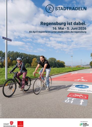 Poster - Auf dem Poster radeln zwei Menschen auf einer Fahrradstraße an der Donau