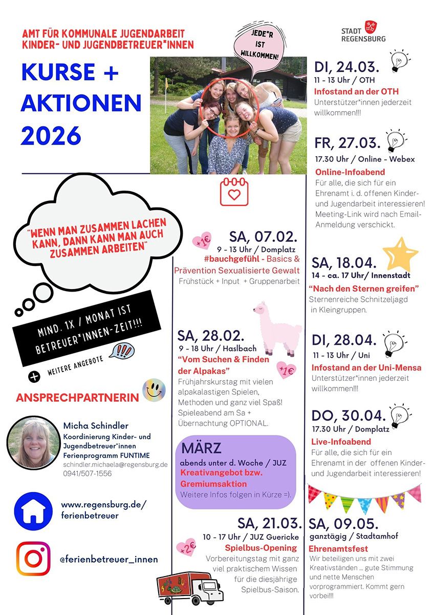 Grafik - Bunte Übersicht über Kurse und Aktionen 2026 für Ehrenamtliche beim Amt für kommunale Jugendarbeit