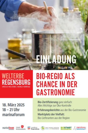 Plakat - Einladung - Bio-Regio als Chance in der Gastronomie. Im oberen Bereich ist eine männliche Hand zu sehen, die im einem Kochtopf umrührt; im unteren Bereich Infos zur Veranstaltung und Logos der (Mit)Veranstalter.