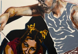 Der Bildausschnitt zeigt eine künstlerische Darstellung von zwei Personen. Die Darstellung ist farbenfroh und kontrastreich, mit kräftigen Farben.