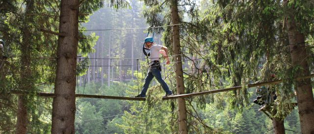 Junger Mann auf einer Brücke, die zwischen zwei Bäumen gespannt ist in einem Hochseilpark