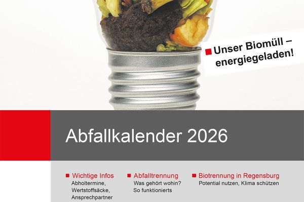 Titelbild Abfallkalender 2026 - Schriftzug Abfallkalender 2026 und Teilansicht einer Glühbirne mit Biomüll gefüllt