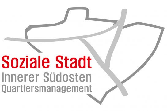 Grafik - Logo, weißer Hintergrund, Umriss des Stadtviertels in grau gezeichnet, roter Schriftzug "Soziale Stadt", grauer Schriftzug "Innerer Südosten" sowie "Quartiersmanagement"