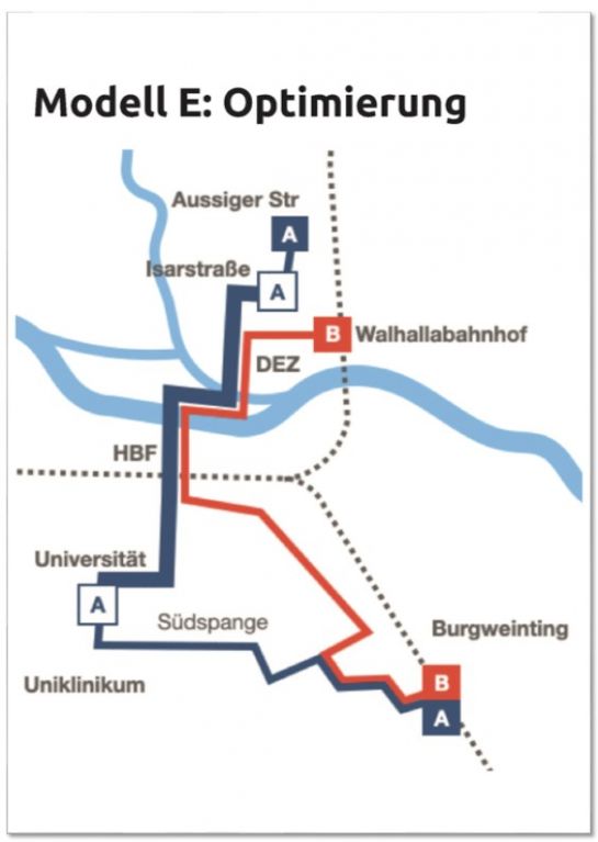 Skizze: Optimiertes Modell E der Stadtbahnplanungen