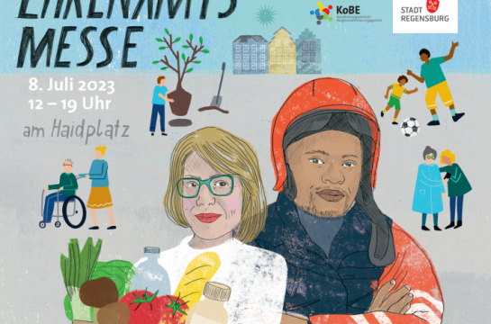 gezeichnete Ehrenamtliche bei ihrer Tätigkeit, im Vordergrund eine Einkaufshilfe und ein Feuerwehrmann