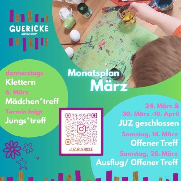 Auf dem Bild ist der Monatsplan mit den Angeboten des Jugendzentrums Guericke zu sehen.