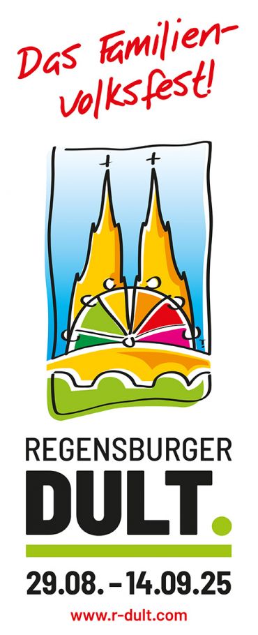 Grafik - illustrierte gelbe Domtürme im Hintergrund, davor ein buntes Riesenrad