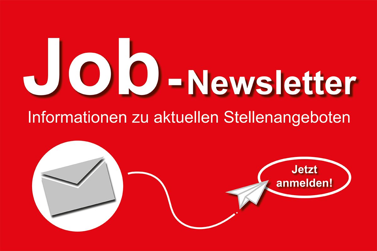 Grafik mit dem Text "Job-Newsletter - Informationen zu aktuellen Stellenangeboten" in weißer Schrift auf rotem Hintergrund, linksbündig oben. Darunter Grafiken eines Briefumschlages und eines Papierfliegers.