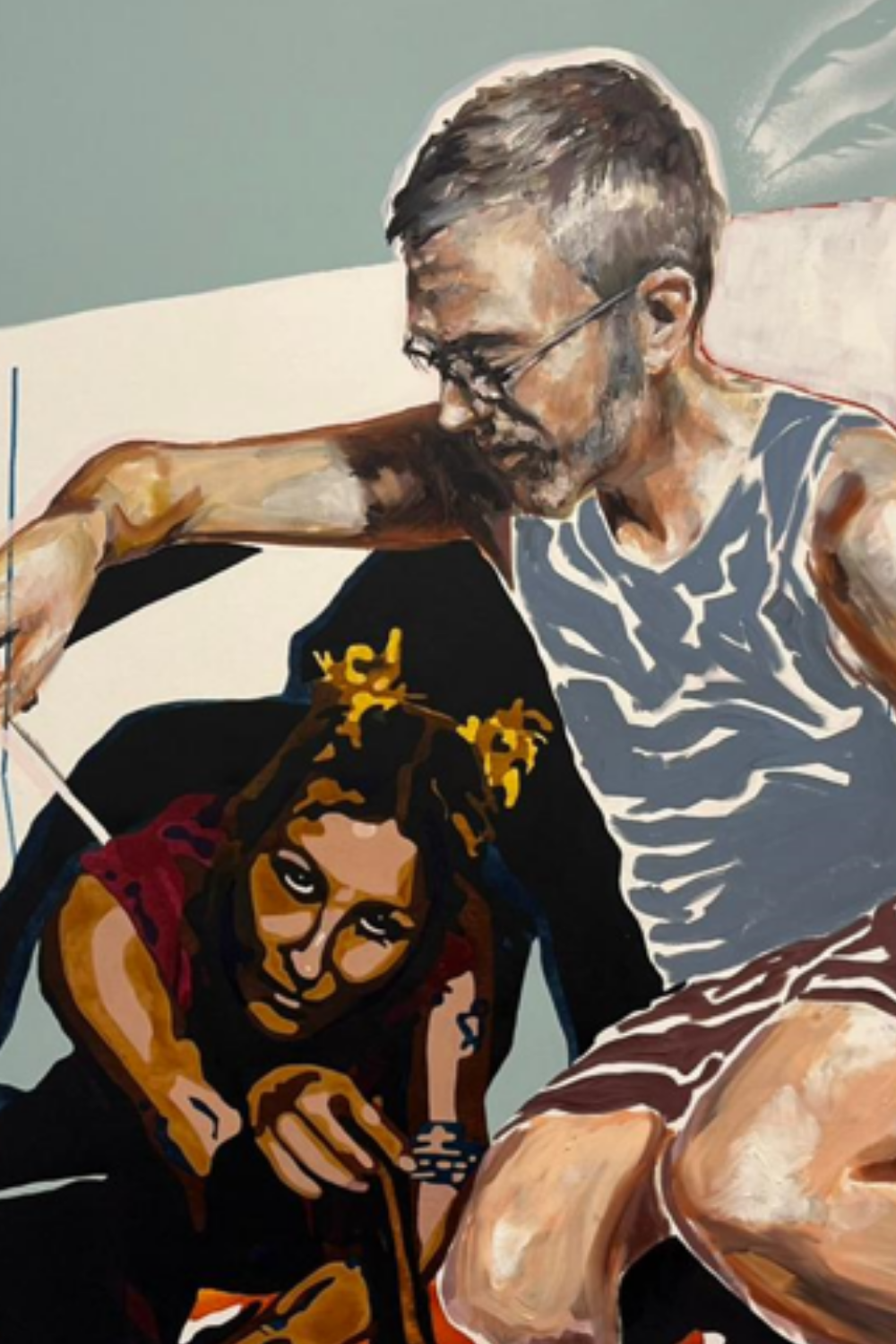 Der Bildausschnitt zeigt eine künstlerische Darstellung von zwei Personen. Die Darstellung ist farbenfroh und kontrastreich, mit kräftigen Farben.