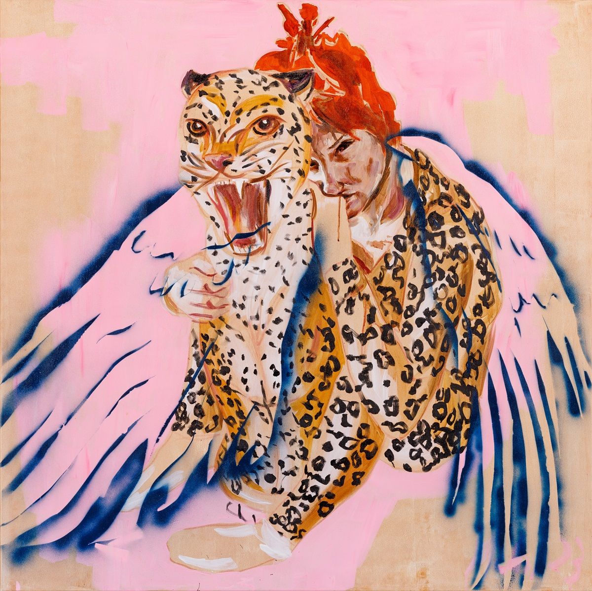 Kunstwerk, Reproduktion – Gemälde von Barbara Muhr, Leopard und Frau