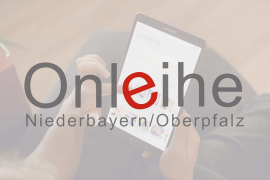 Logo Onleihe Niederbayern/ Oberpfalz, dahinter Foto leuchtender E-Bookreader