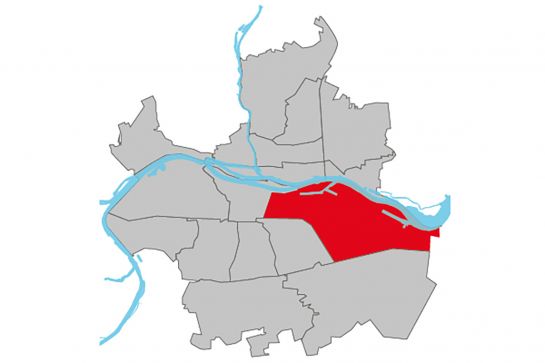 Grafik - Kartendarstellung der Regensburger Stadtteile, der Stadtteil Ostenviertel ist rot hinterlegt, die restlichen Stadtteile sind weiß (C) Stadt Regensburg, Tatjana Setz