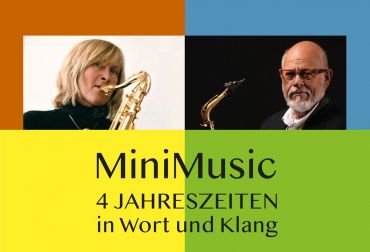 Grafik/Fotografie_Grafische Darstellung mit vier farbigen Feldern mit Fotos von einer Saxofonistin und einem Saxofonisten und einem Schriftzug