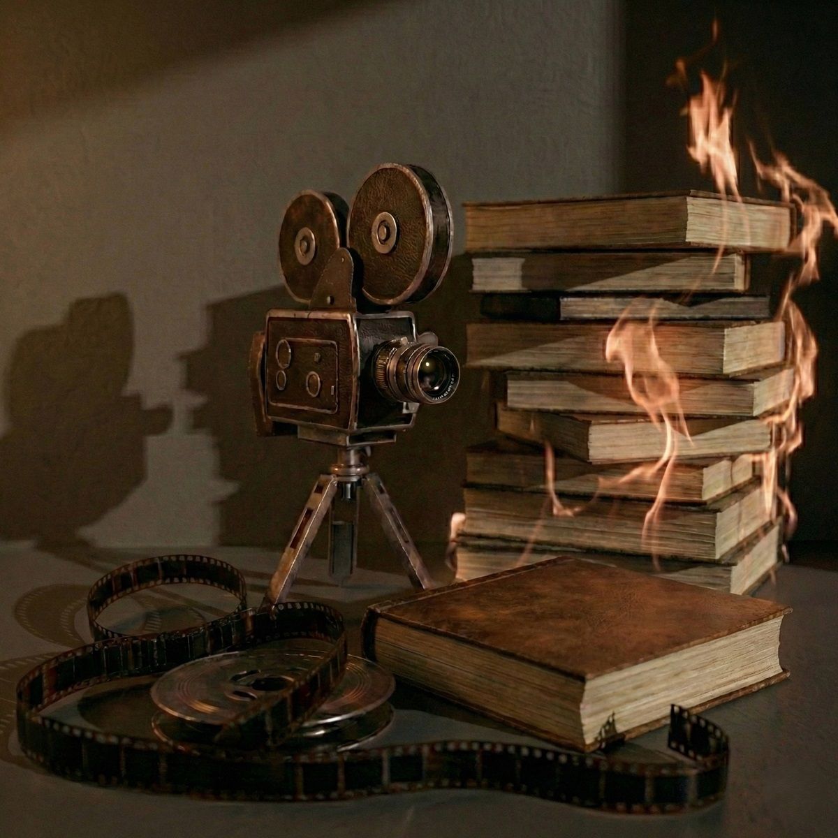 KI-Bild – Bücherstapel mit Flammen und Kameramodell