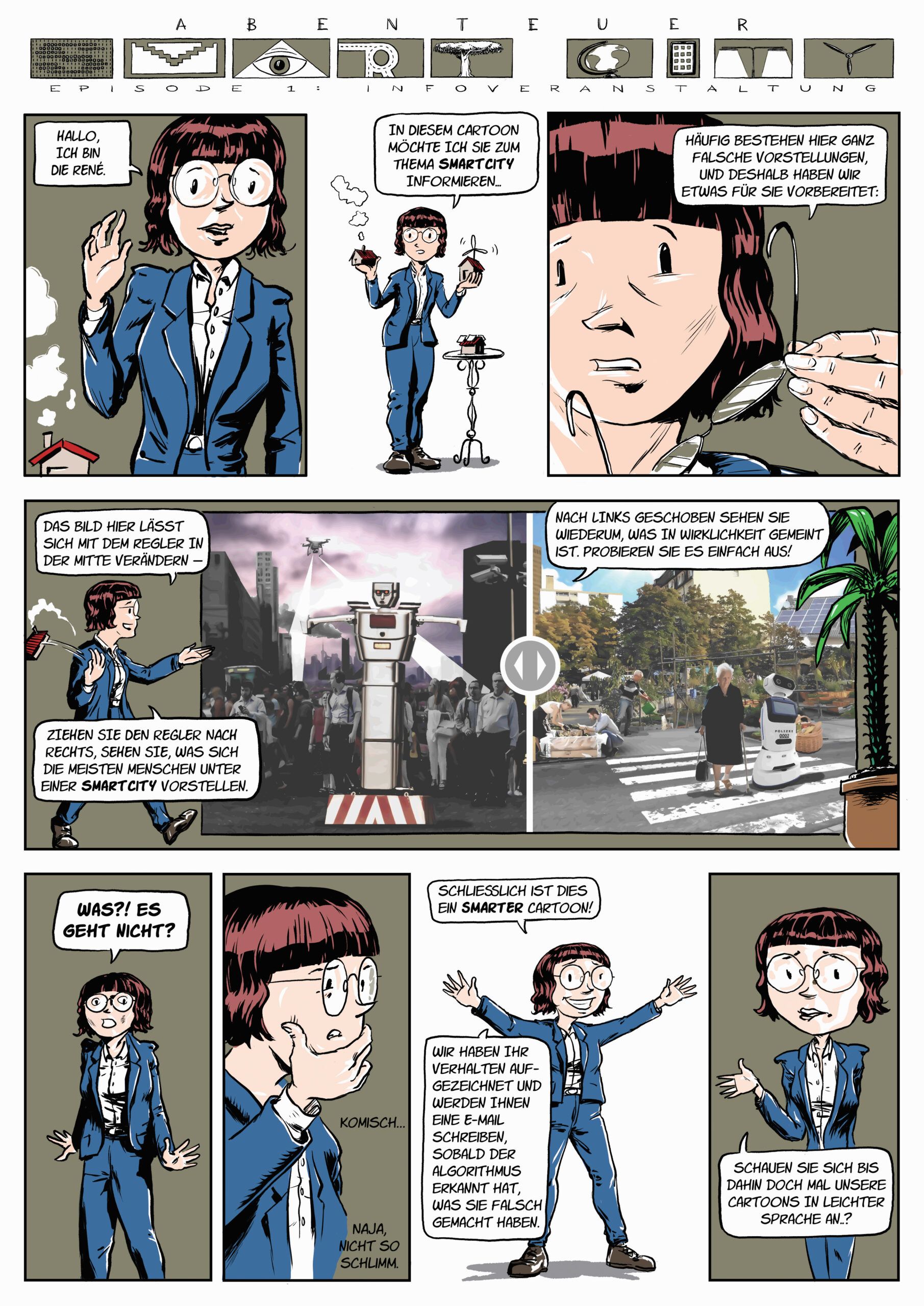Cartoon: Eine Frau möchte den Unterschied zwischen Vorstellung und Wirklichkeit der Smart City digital zeigen, die Anwendung funktioniert jedoch nicht. 