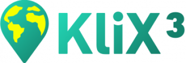 Zu sehen ist das Logo des Vereins KliX³. Links ist eine Weltkugel in hellgrün und gelb zu sehen, deren Umriss die Form eines Tropfens hat. Rechts steht der Schriftzug KliX³ in hellgrüner Farbe mit einem Farbverlauf von hell nach dunkel von links nach rechts.