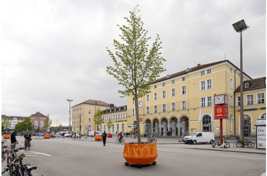 Fotografie: Blick auf den Bahnhofsvorplatz mit mobilem Grün