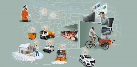 Menschen und Einsatzfahrzeuge im Stadtgebiet verbunden durch smarte Datenübertragung und -analyse
