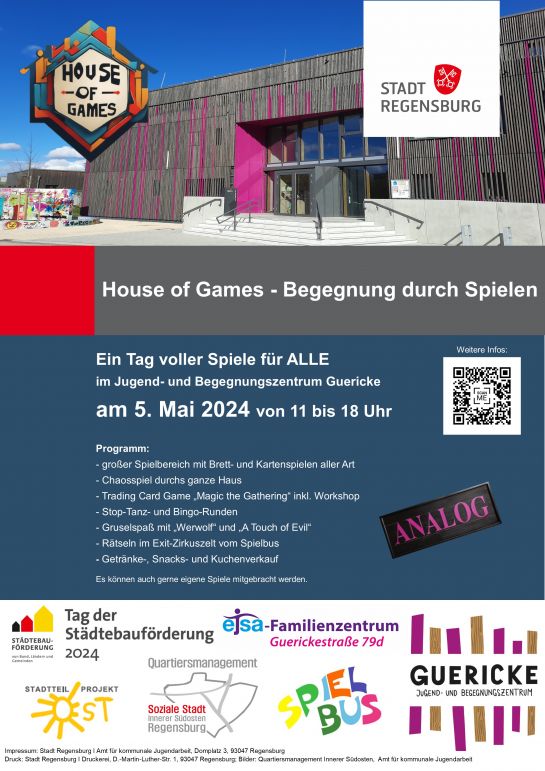 Auf dem Bild ist das Plakat zum Hausfest des Jugend- und Begegnungszentrums Guericke mit dem Titel House of Games zu sehen.