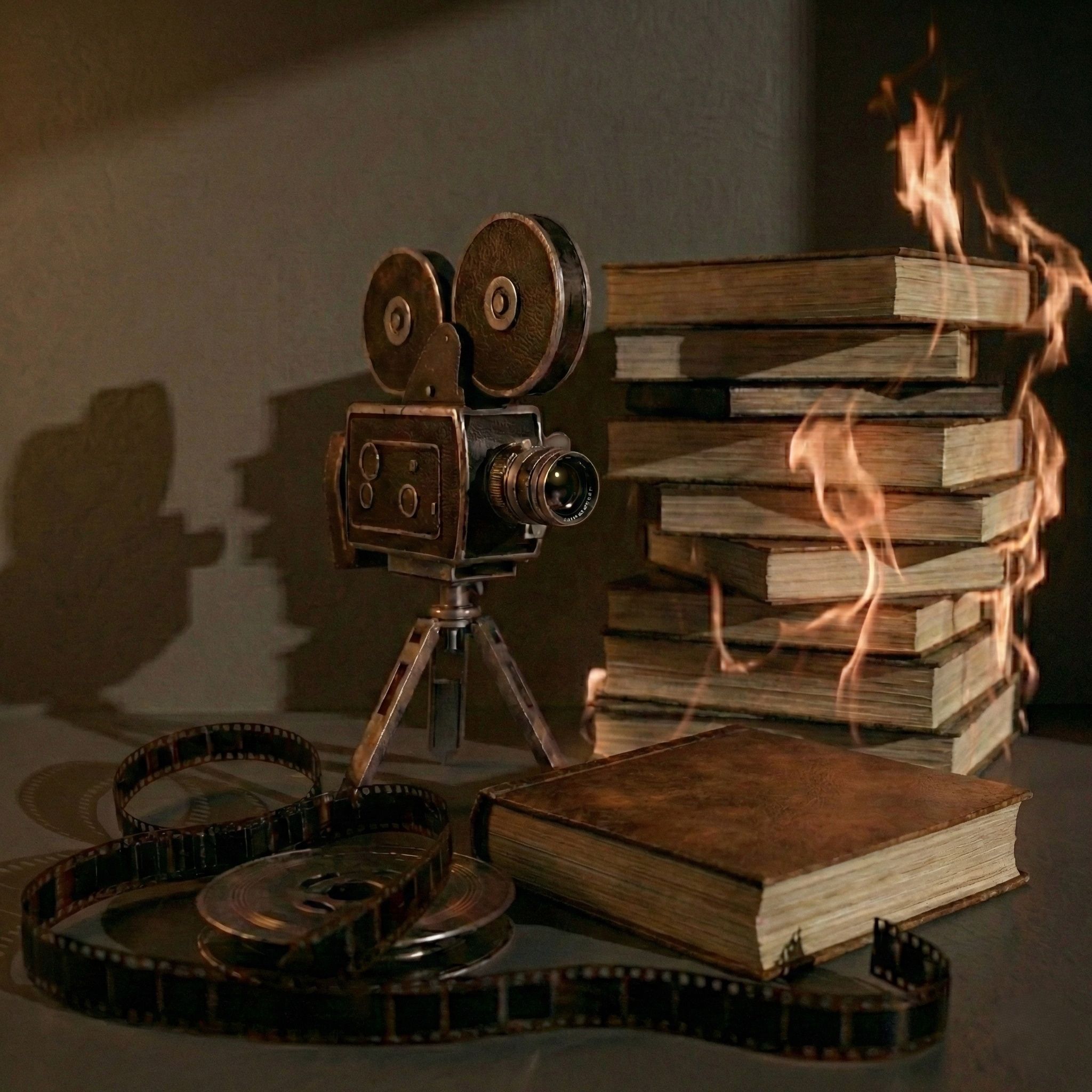 Fotografie – Brennende Bücher neben einem alten Filmabspielgerät