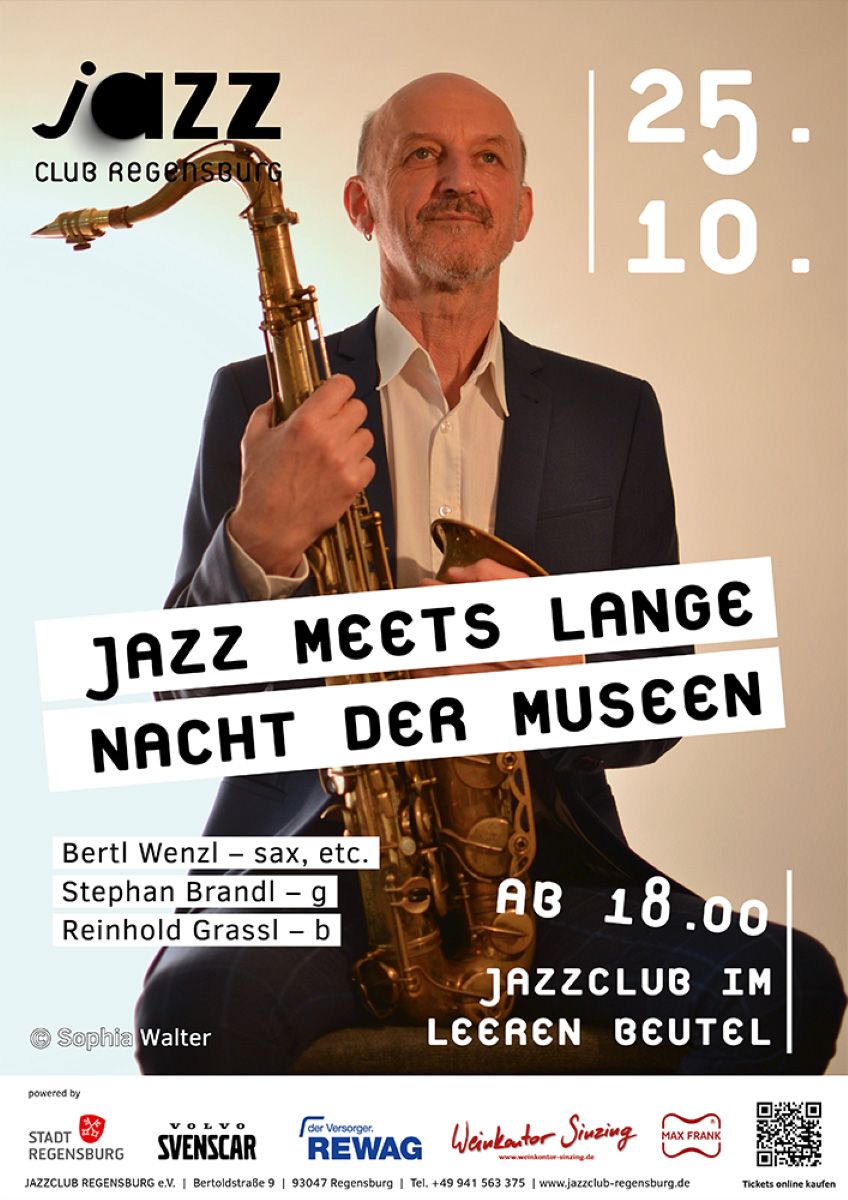 Plakat des Jazzclubs zur Langen Nacht der Museen, Musiker Bertl Wenzl mit Saxophon 