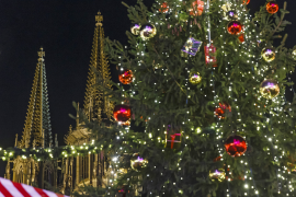 Fotografie: Der Dom erhebt sich hinter einem Weihnachtsbaum.