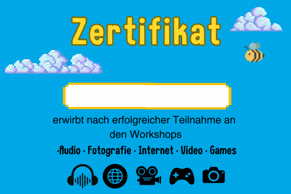 Auf blauem Hintergrund ist das Medienführerschein-Zertifikat zu sehn. Es ist in Pixel-Optik.