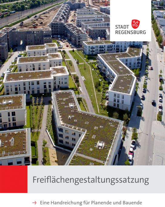 Infografik – Freiraumentwicklungskonzept – Cover Broschüre Freiflächengestaltungssatzung - auf dem Bild ist ein Wohngebiet aus der Luft fotografiert zu sehen