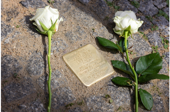 Ein eingebauter Stolperstein mit Rosen