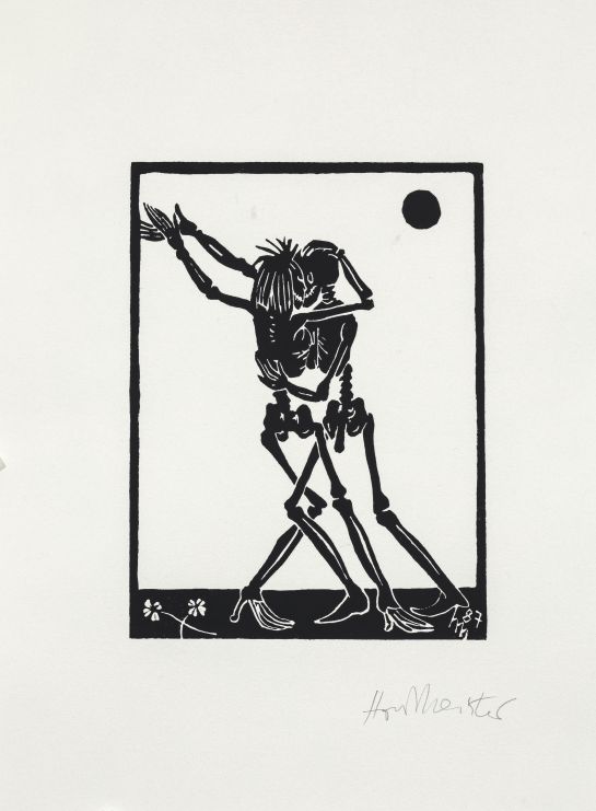 Grafik: zwei miteinander tanzende Skelette (C) VG Bild-Kunst, Bonn 2023, Foto: Stadt Regensburg, Bilddokumentation