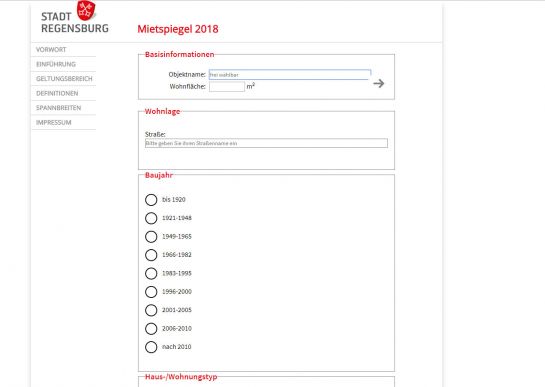Screenshot Online Mietenberechner (C) Stadt Regensburg