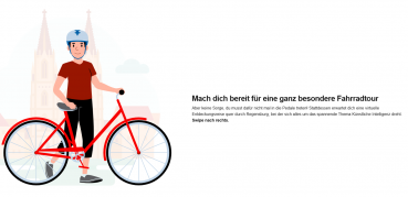 Grafik: Startseite des Regensburger KI-Führerseins mit einem Fahrradfahrer und einem Text, der die Anwenderinnen und Anwender zu einer virtuellen Entdeckungsreise quer durch Regensburg einlädt.
