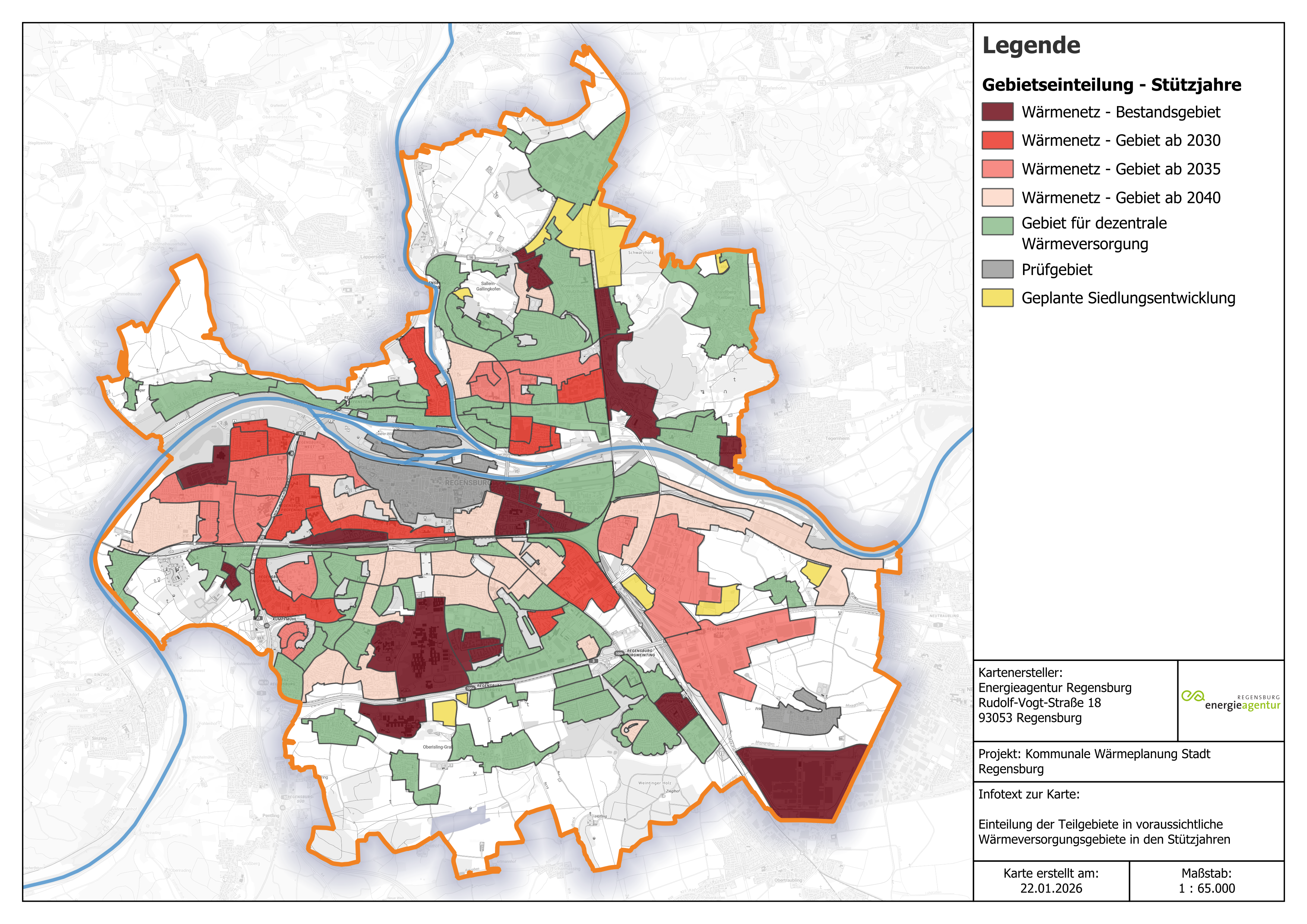 Karte: Übersicht über die voraussichtlichen Wärmeversorgungsgebiete in den Stützjahren