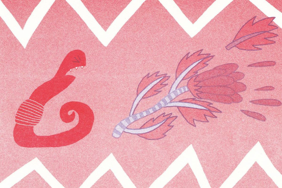 Zeichnung in rosa und rot, Schlange und Ast mit Blättern