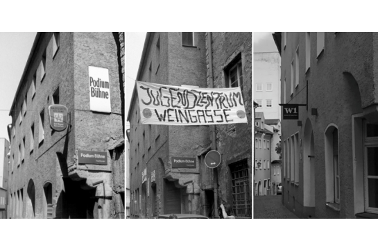 Eine Kollage aus drei nebeneinander angeordneten Schwarzweißfotos, die das Gebäude in der Weingasse 1 zeigen. Auf dem ersten Bild sind Schilder erkennbar, die das Gebäude als Gaststätte "Alte Heimat" sowie "Podium Bühne" kennzeichnen, auf dem zweiten Bild hängt vor dem Haus ein Banner mit Aufschrift "Jugendzentrum Weingasse" und auf dem dritten Bild sieht man das W1 mit Schild in seiner heutigen Form.