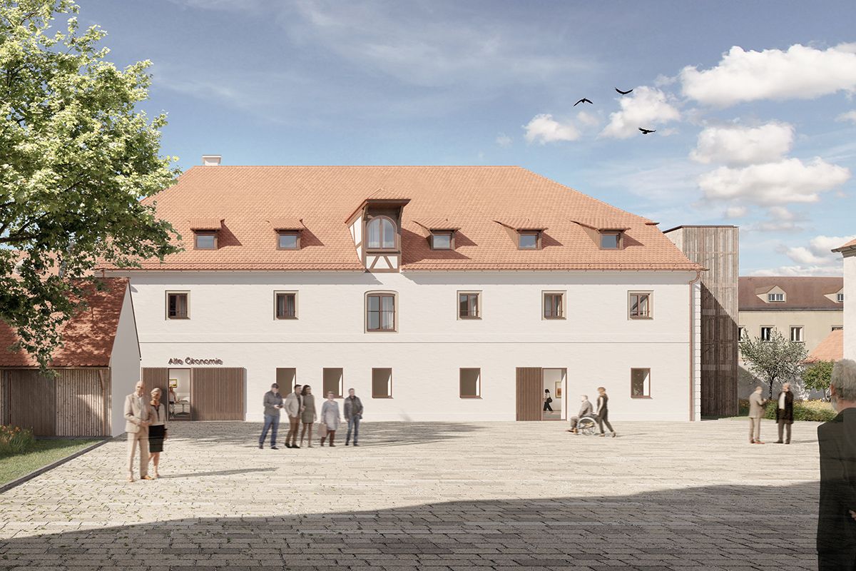 Abgebildet ist eine Computergenerierte Darstellung, die zeigt, wie die Freianlagen des St. Katharinenspitalgelände und das Gebäude Ökonomie nach der Sanierung aussehen