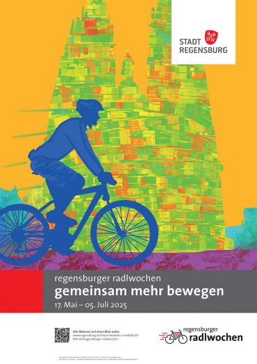 Plakat  - Das Bild zeigt das Poster für die regensburger radlwochen, auf dem ein blauer Fahrradfahrer am grün-orange schraffierten Dom auf einem lila-gefärbten Weg vorbeifährt