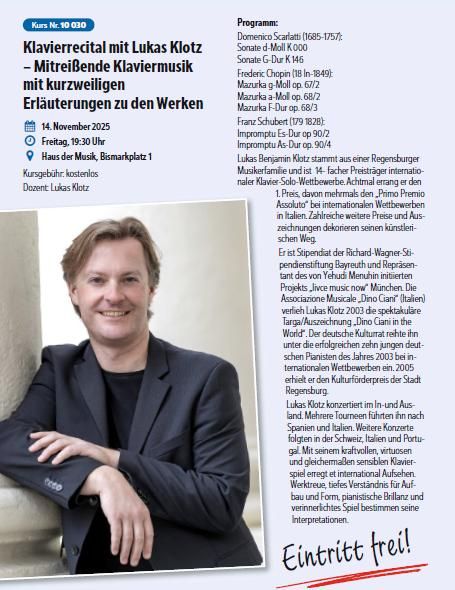 Klavierrecital mit Lukas Klotz am 14.11.25 um 19.30 Uhr im Haus der Musik 