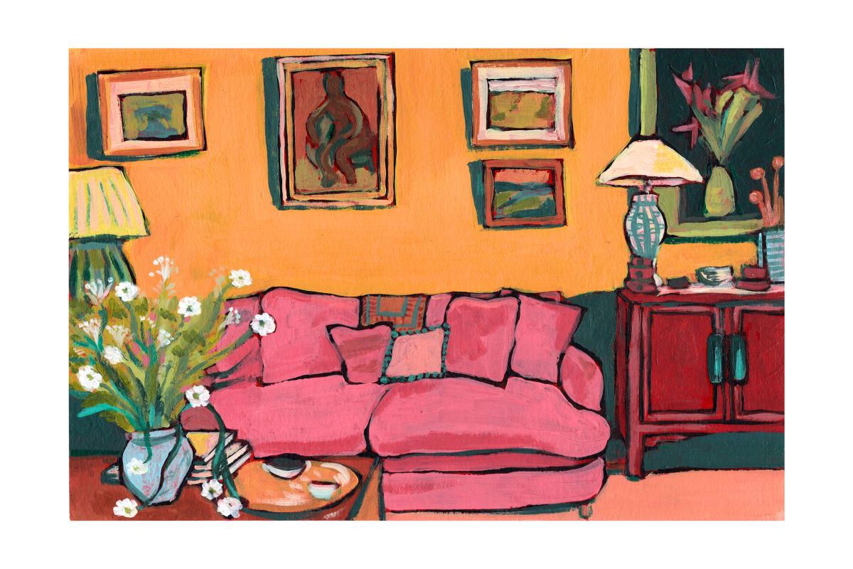 Gemälde: Raum 147, Wohnzimmer mit pinker Couch