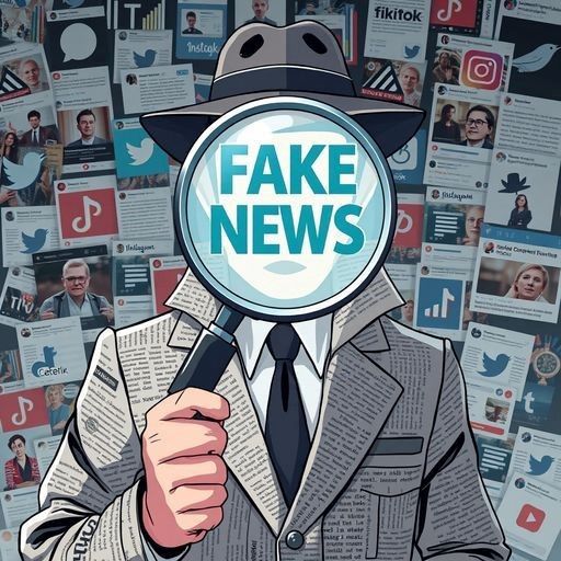 Comiczeichnung von Mann mit Lupe vor dem Gesicht, in der "Fake News" steht.