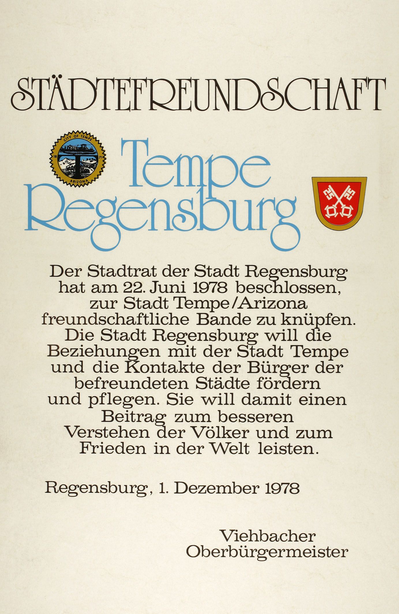 Fotografie: Urkunde der Städtefreundschaft Tempe – Regensburg