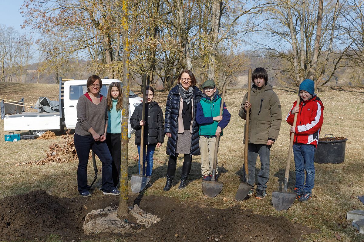 Fotografie - Oberbürgermeisterin Gertrud Maltz-Schwarzfischer und Mitglieder des Kinderbeirates mit Schaufeln neben dem frisch gepflanzten Baum